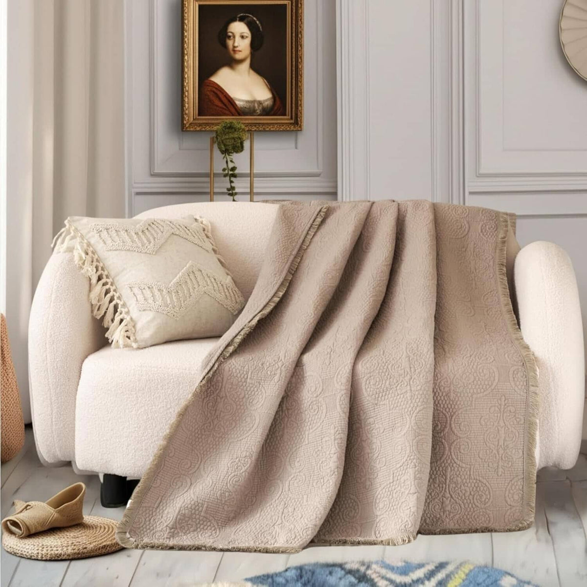 Fringed Cotton Quilted Throw Blanket