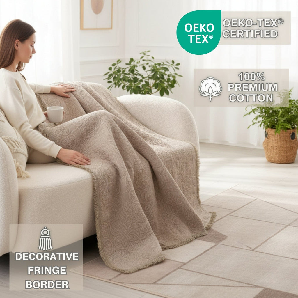 Fringed Cotton Quilted Throw Blanket