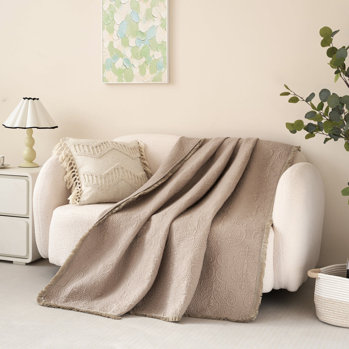 Fringed Cotton Quilted Throw Blanket