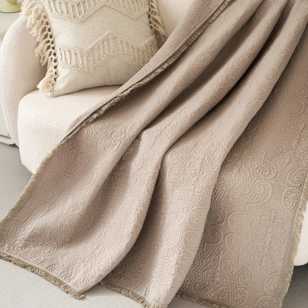 Fringed Cotton Quilted Throw Blanket