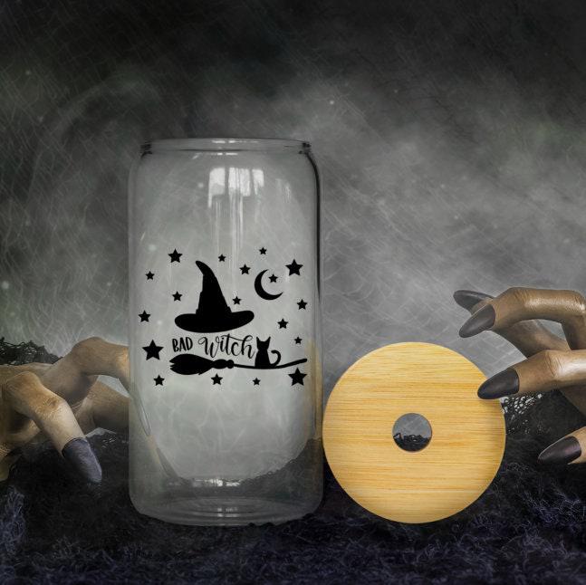 Funny Witch Halloween Glass Iced Coffee Cup