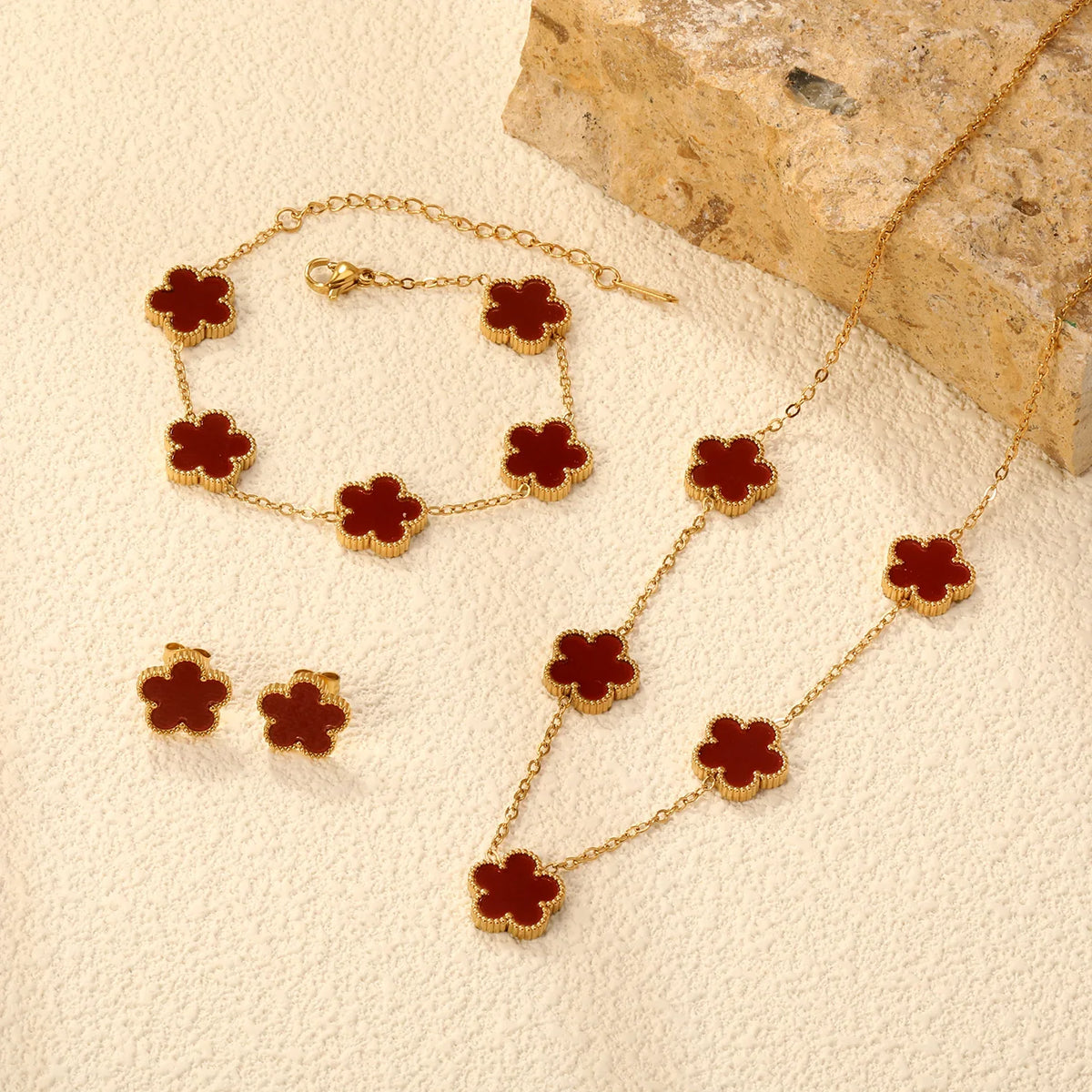 Flower Necklace Earrings Set Stainless Steel