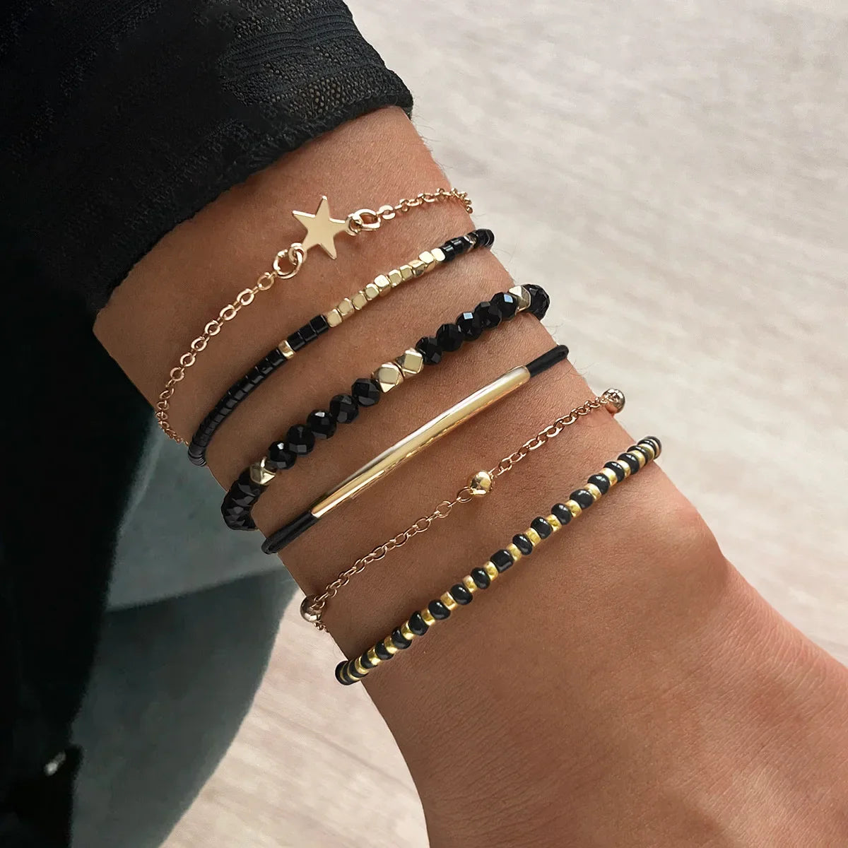 Handmade Black Glass Stone Bracelet Set