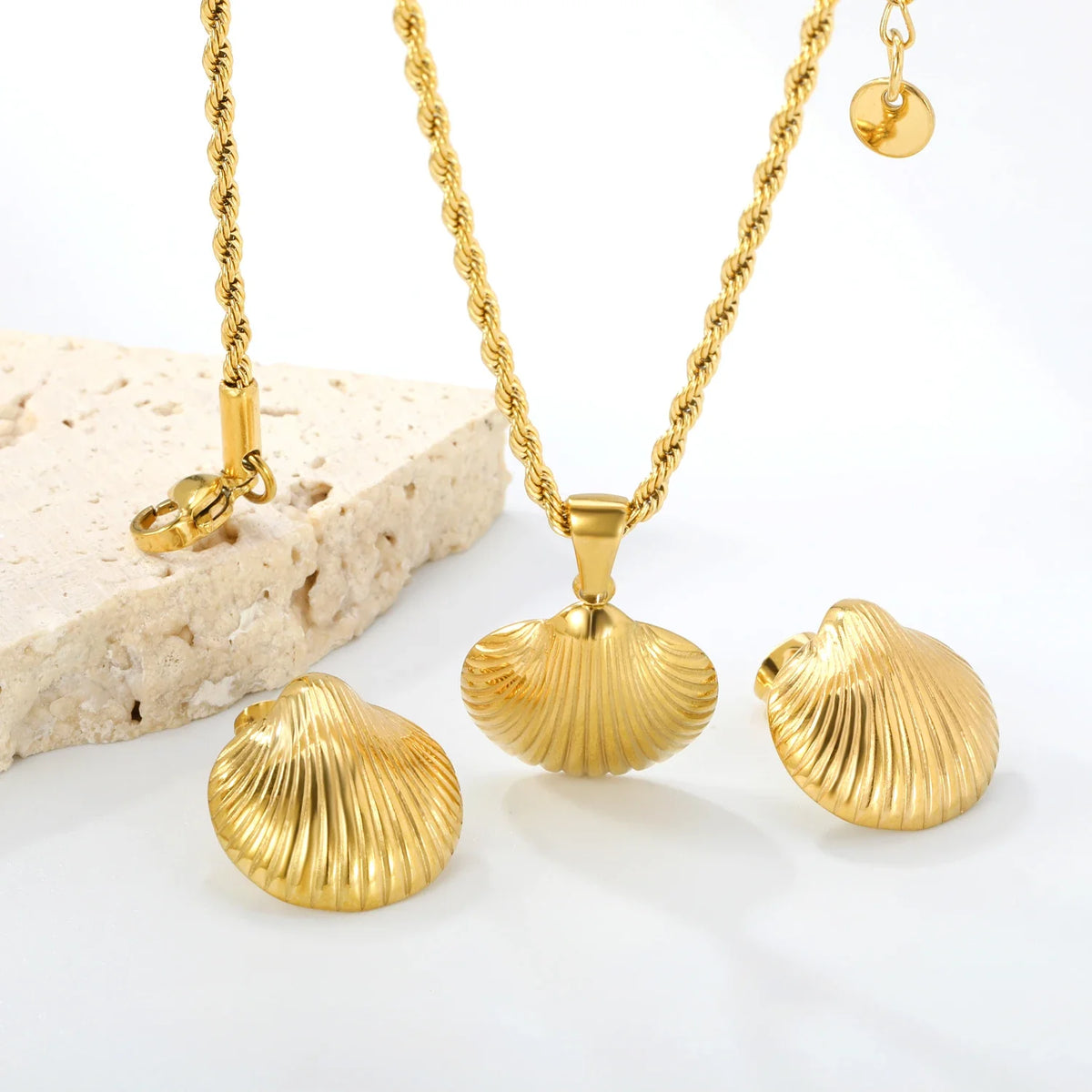 Flower Necklace Earrings Set Stainless Steel