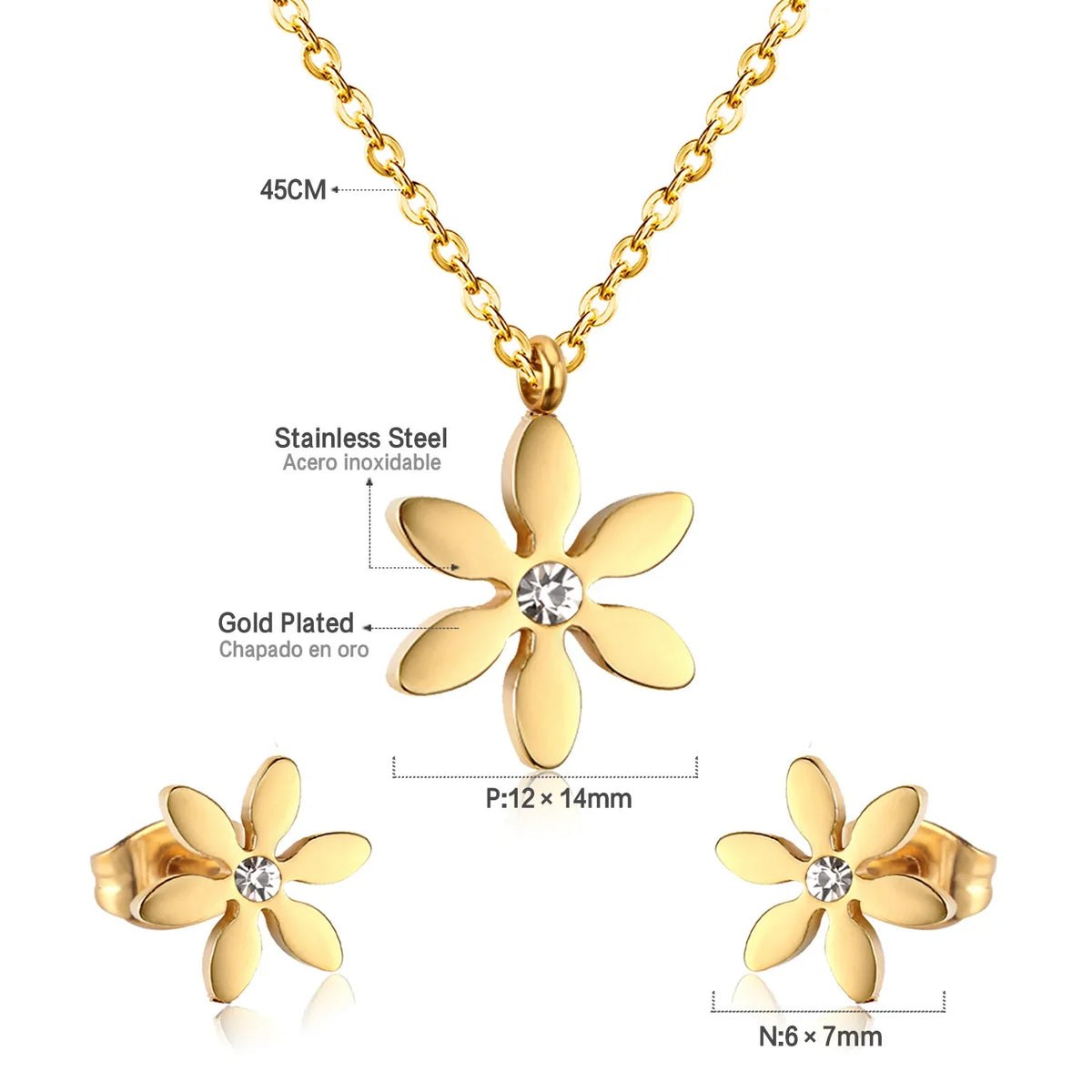 Flower Necklace Earrings Set Stainless Steel