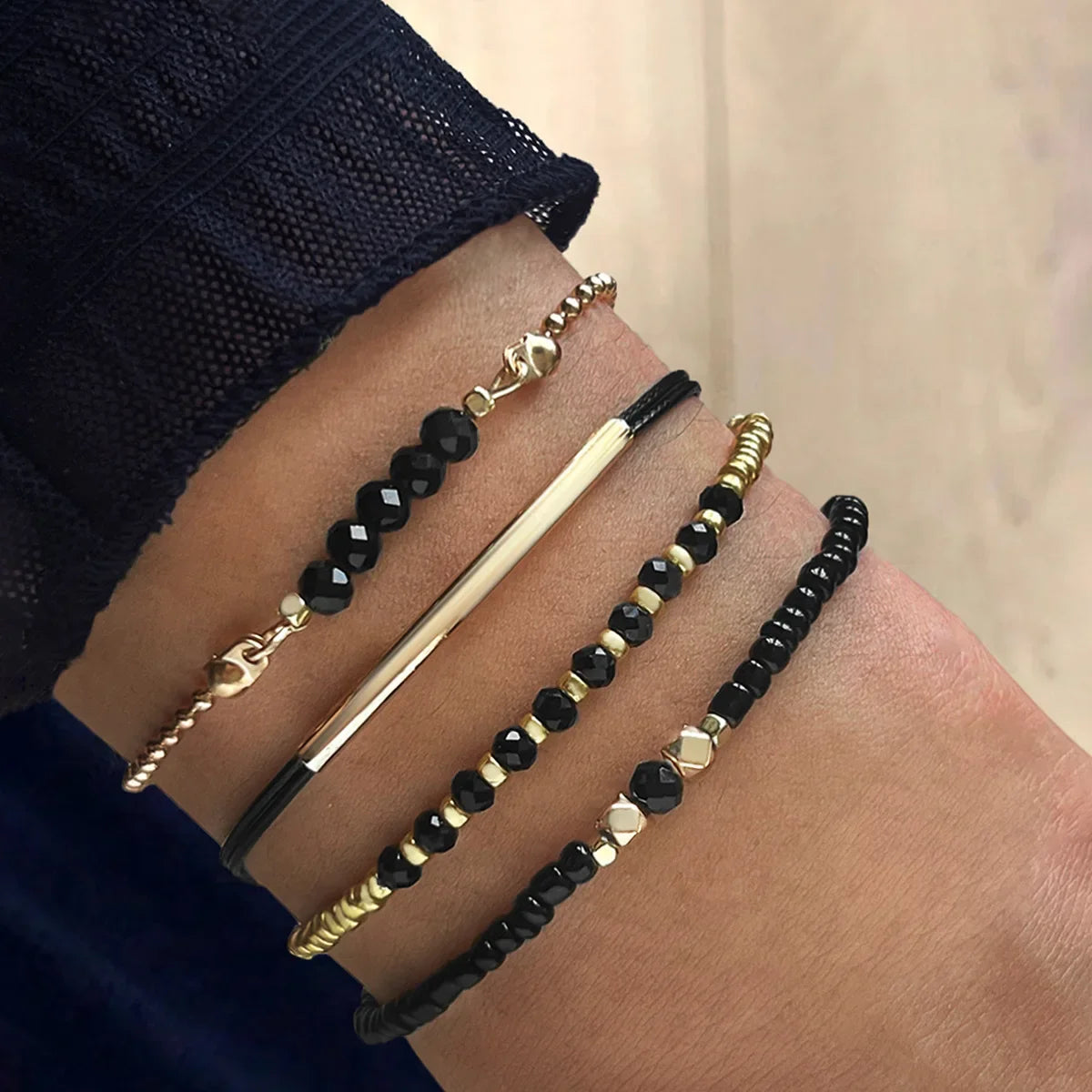 Handmade Black Glass Stone Bracelet Set
