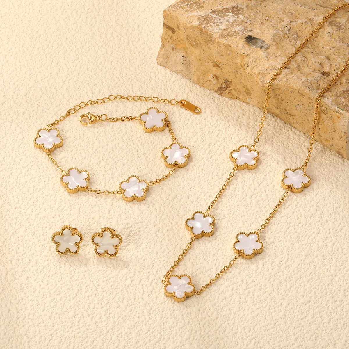 Flower Necklace Earrings Set Stainless Steel