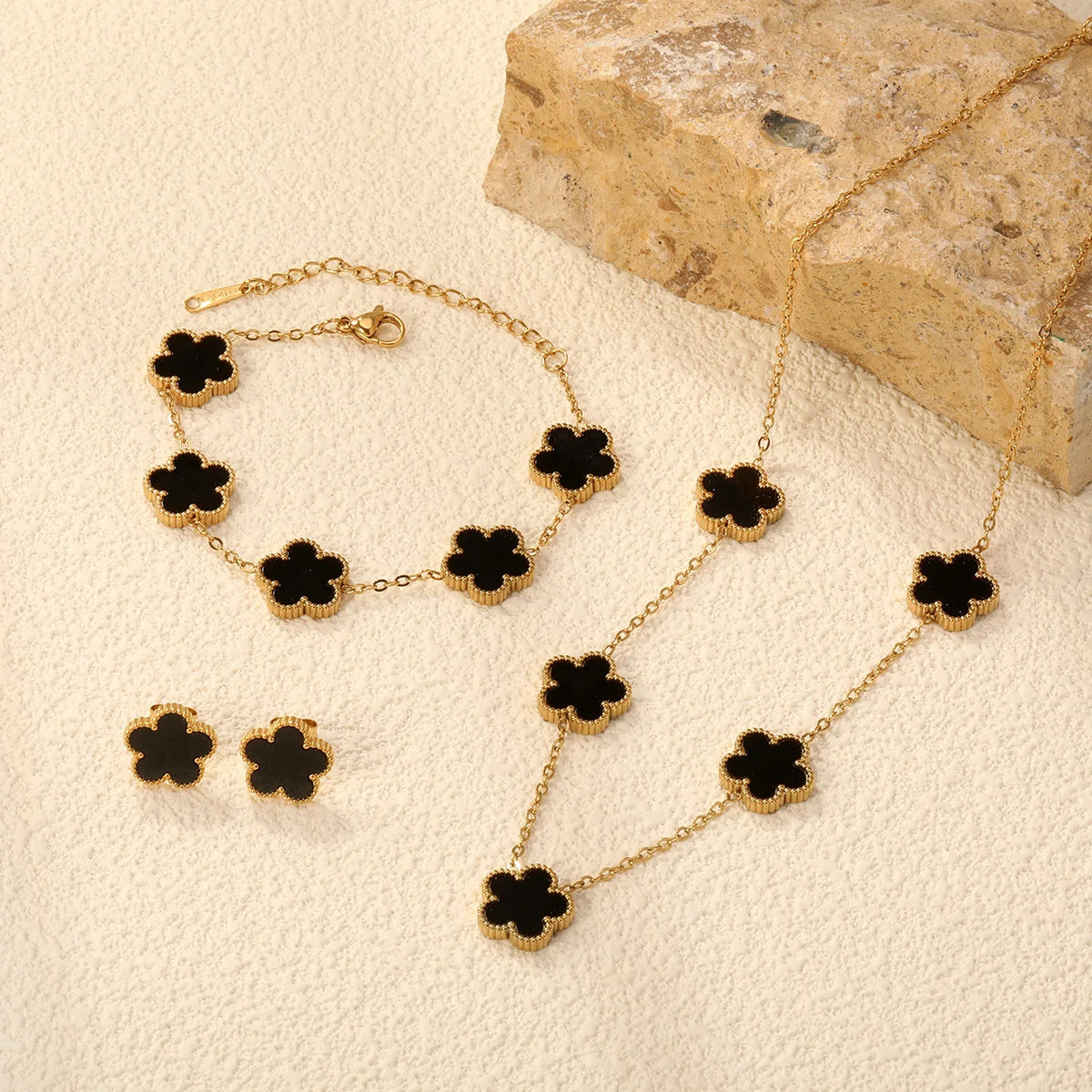 Flower Necklace Earrings Set Stainless Steel