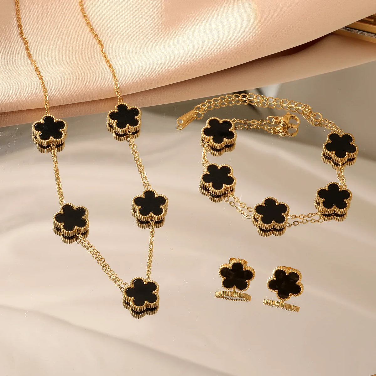 Flower Necklace Earrings Set Stainless Steel