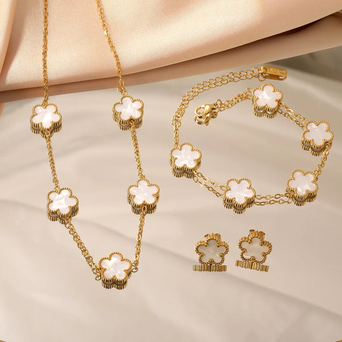 Flower Necklace Earrings Set Stainless Steel