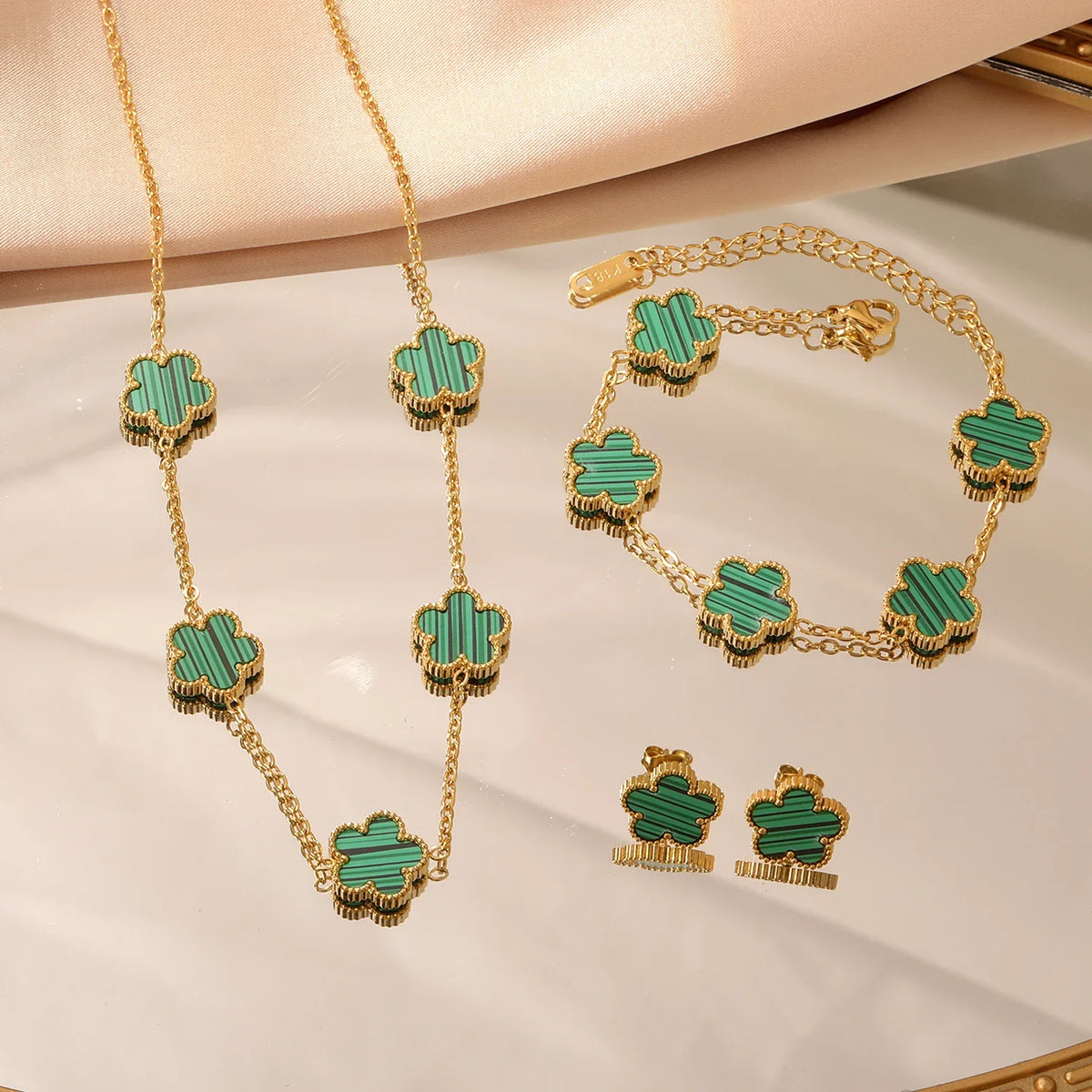 Flower Necklace Earrings Set Stainless Steel