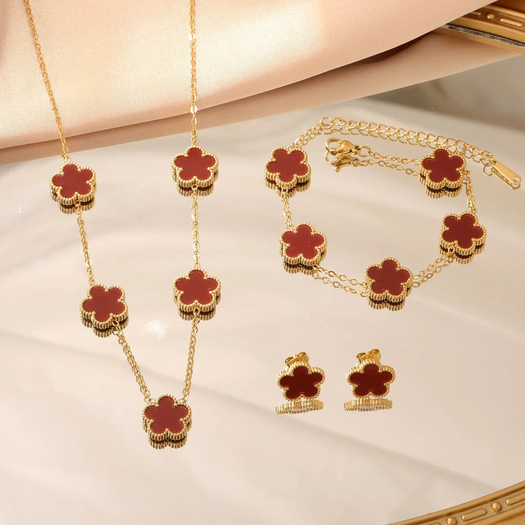 Flower Necklace Earrings Set Stainless Steel
