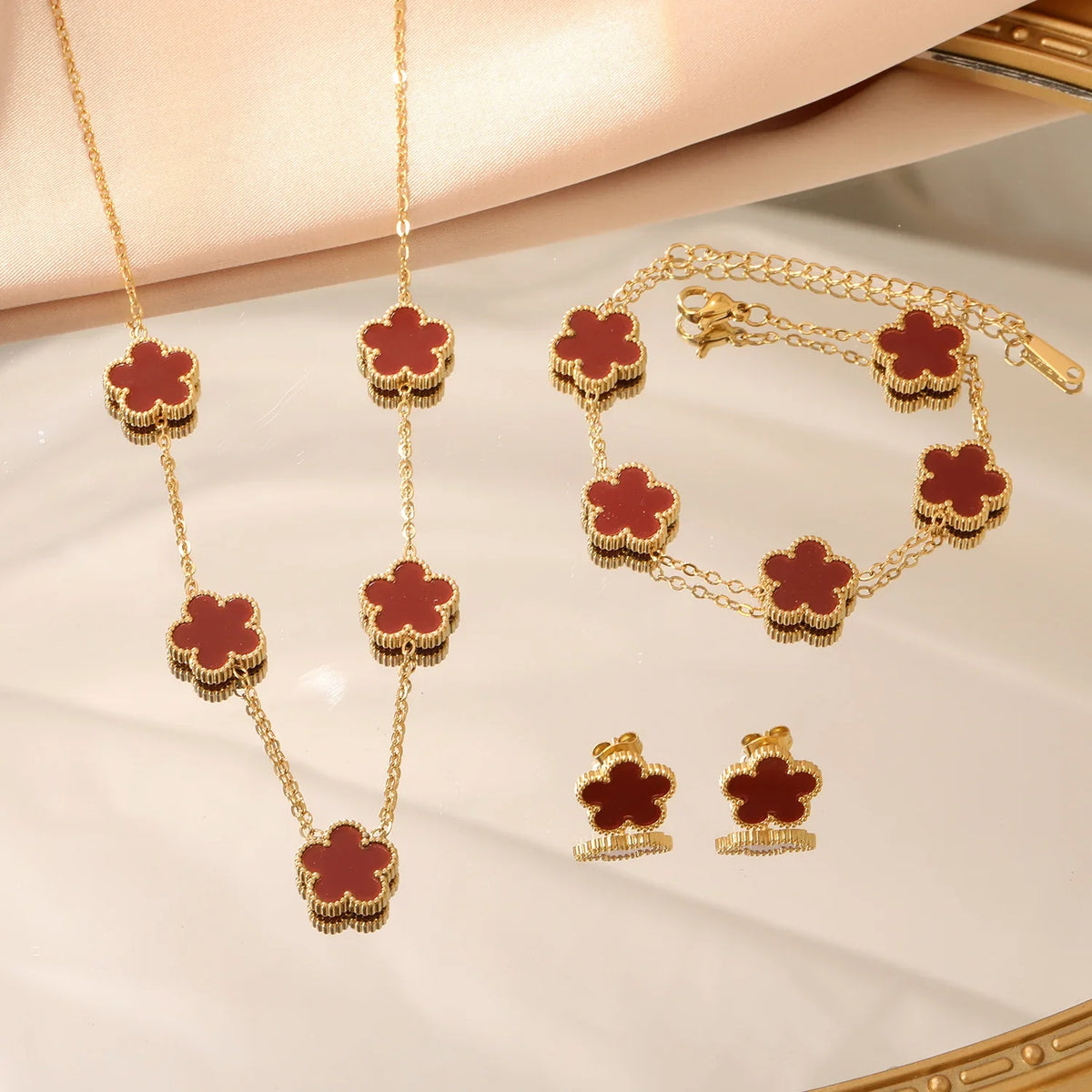 Flower Necklace Earrings Set Stainless Steel