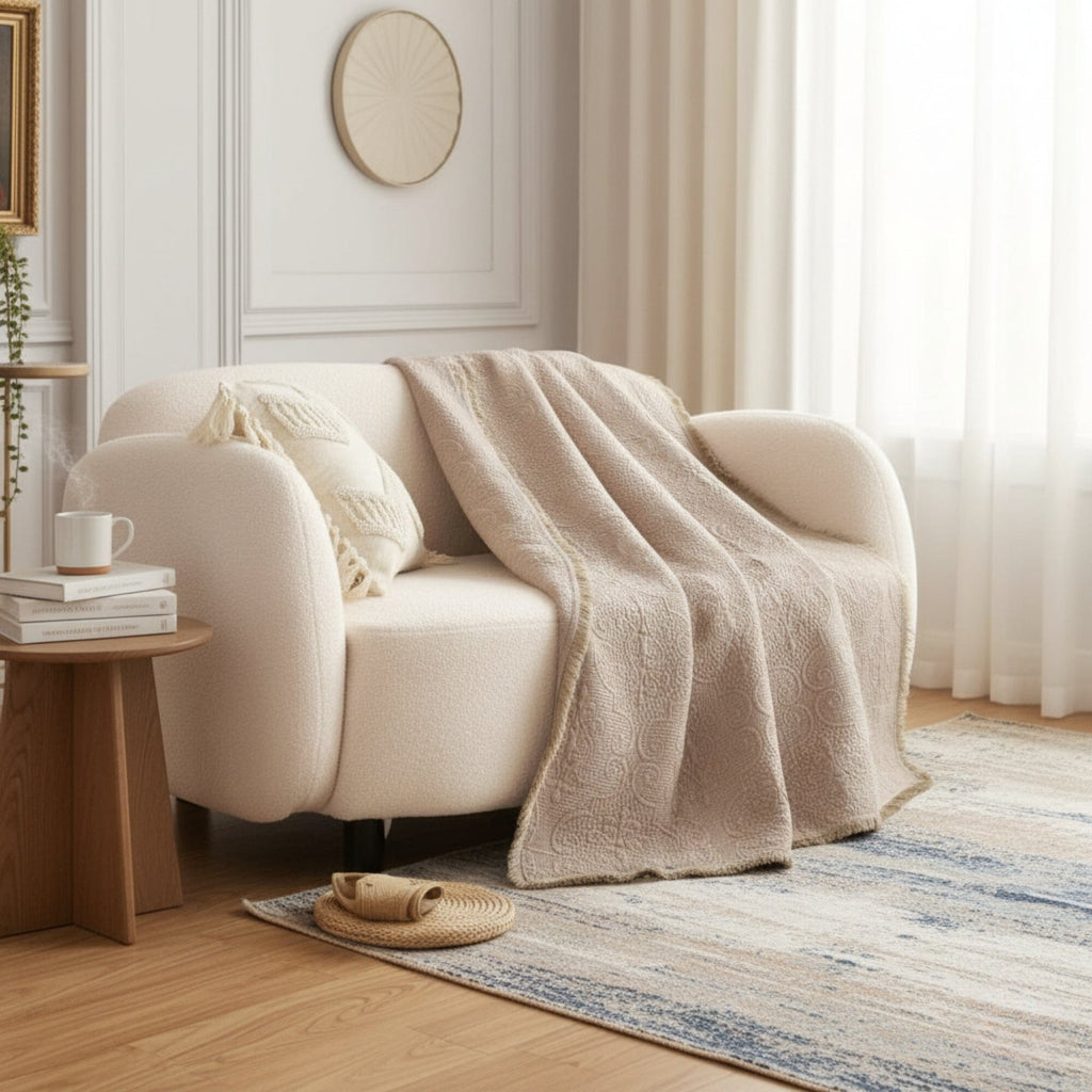Fringed Cotton Quilted Throw Blanket