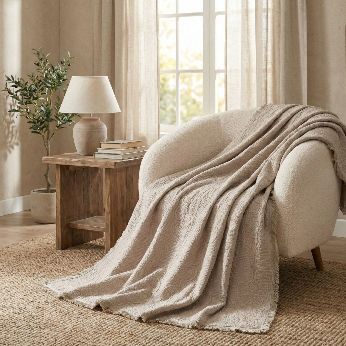 Fringed Cotton Quilted Throw Blanket