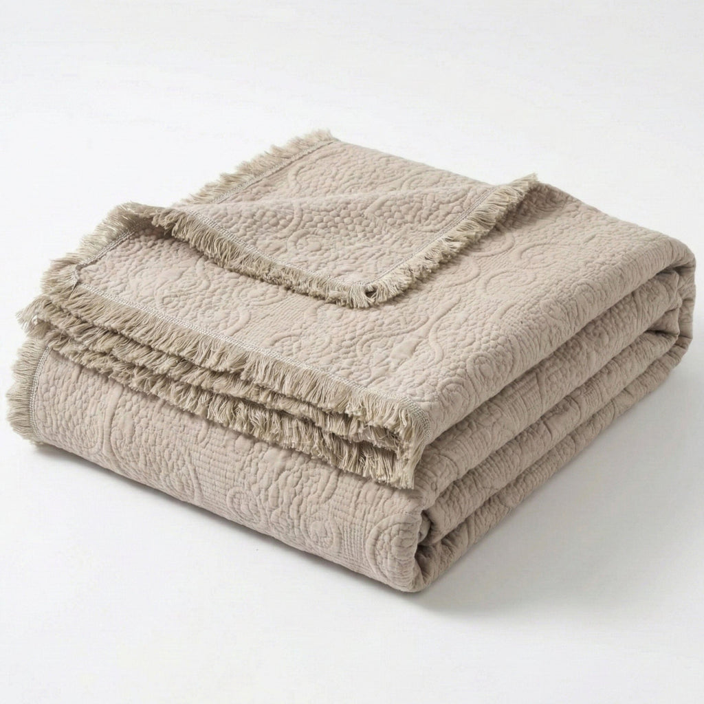 Fringed Cotton Quilted Throw Blanket